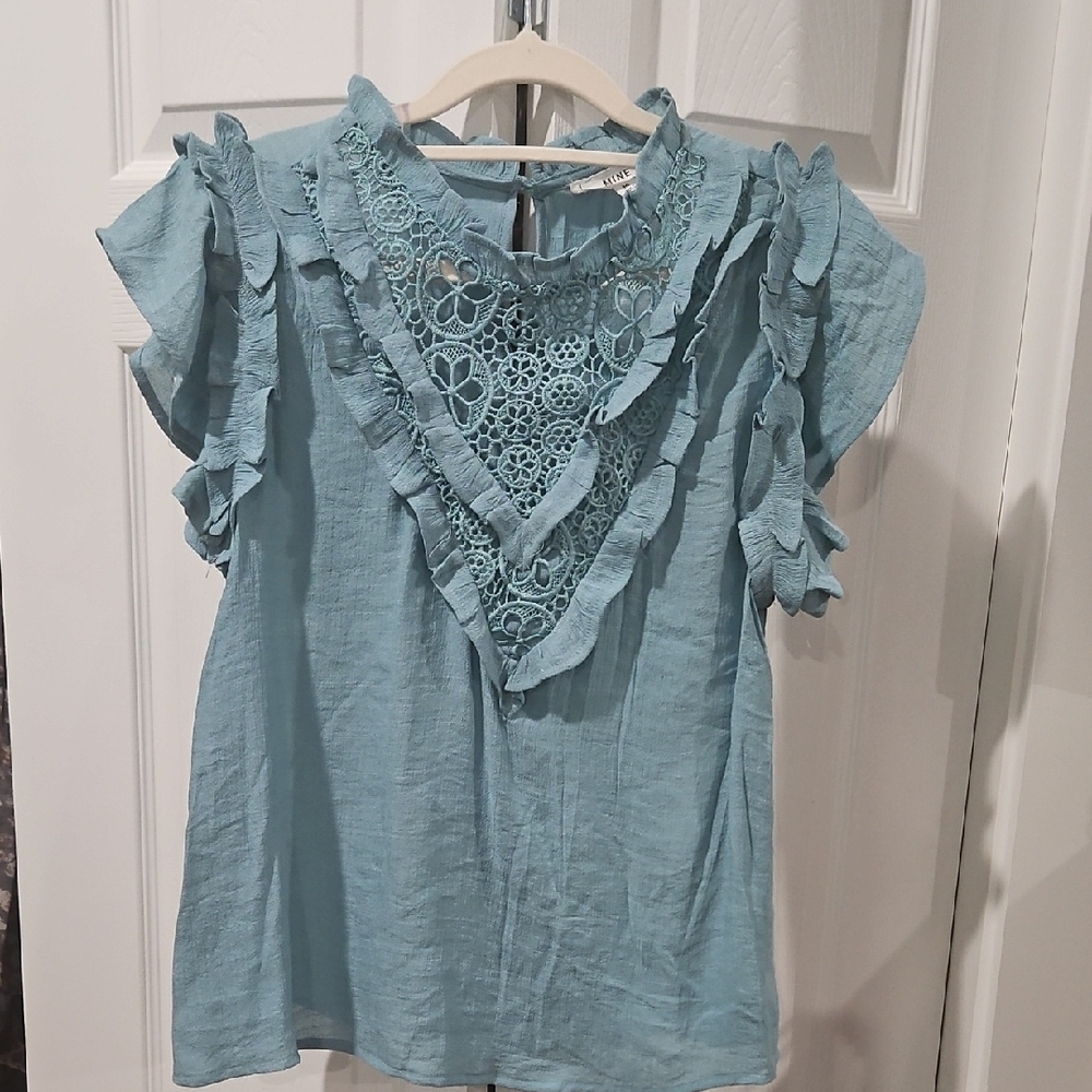 Mine Blue Green Ruffled Flutter Sleeve Blouse